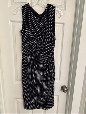 Enfocus Studio Blue and White Polka Dot Faux wrap Midi Dress